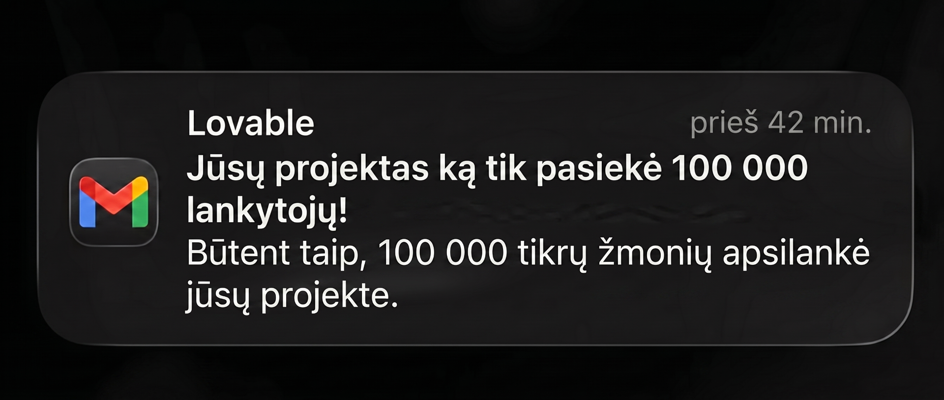 Pranešimas apie 100 000 lankytojų kliento projekte